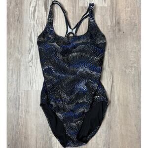 Speedo Women’s Black Blue Dot Print Racerback One-Piece Swimsuit 14